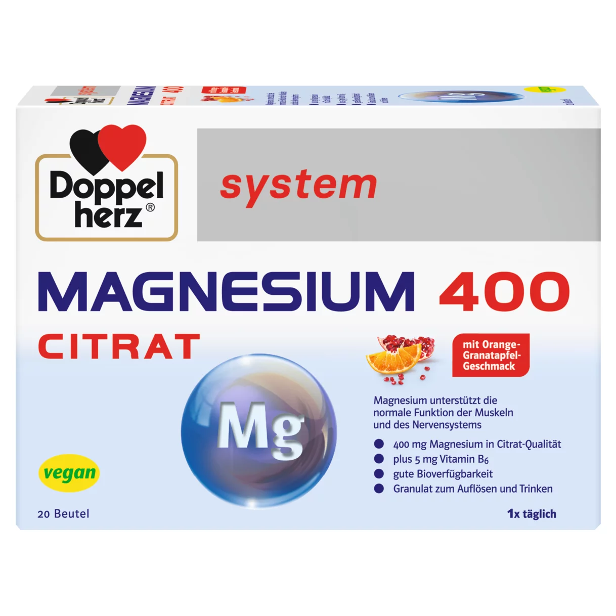 Abbildung der Produktverpackung Doppelherz system MAGNESIUM 400 CITRAT Frontansicht